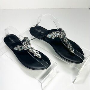 New West Loop Black Rhinestone Gem Bling Sandals Womens size 10